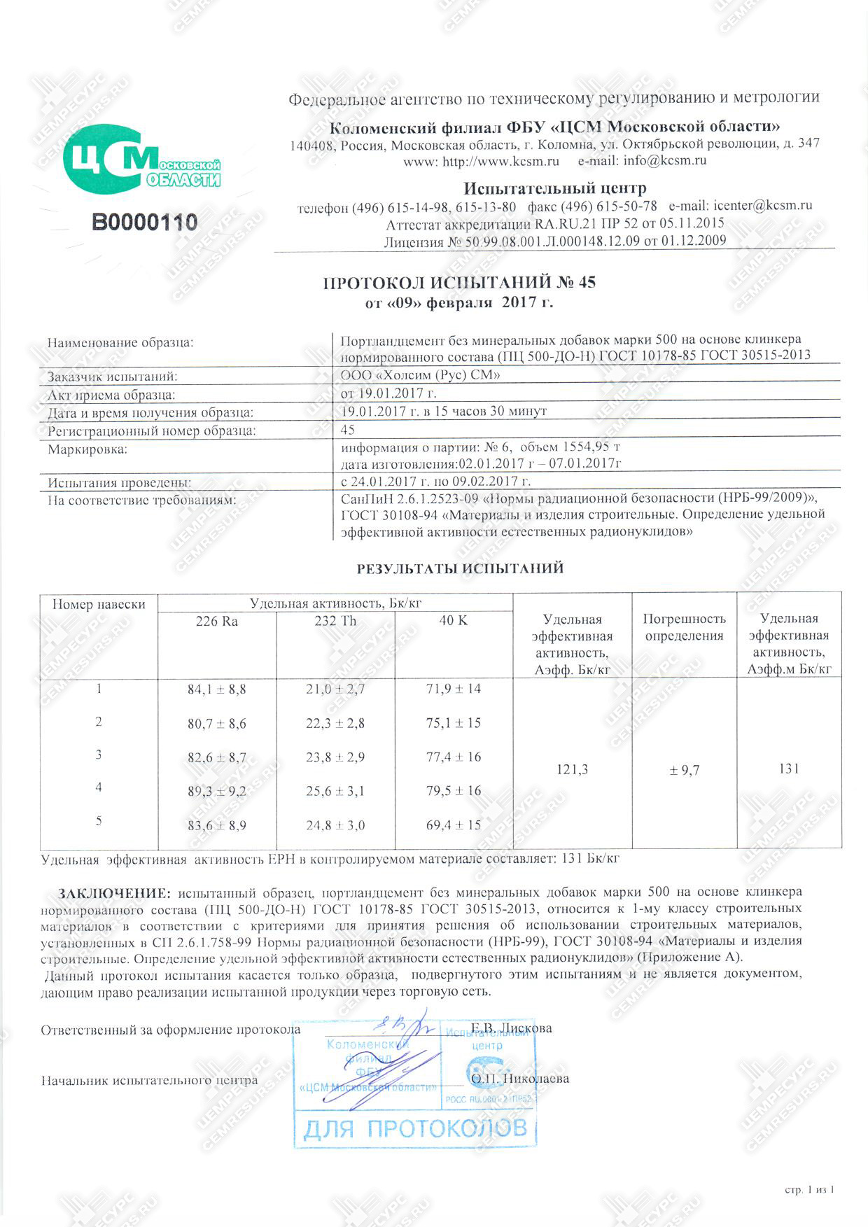 Протокол испытаний на цемент